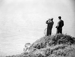 Binoculars Prints: I see no ships, two gentleman look across the English Channel from Beachy Head
