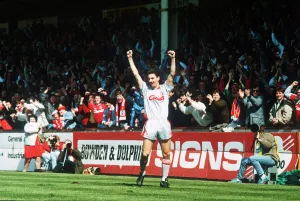 Celebrating Prints: Ian Rush Footballer celebrating scoring a goal for Liverpool against Crystal Palace in