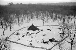 Ice-age Britain. An Iron Age commune set up by the BBC near Shaftesbury, Dorset