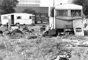 An illegal gypsy encampment on waste ground off George Street, Rye Hill