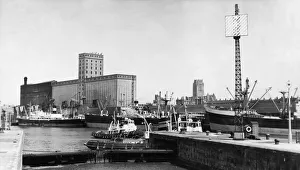 An impressive view from the entrance to Brunswick Dock in Liverpool with the towers of