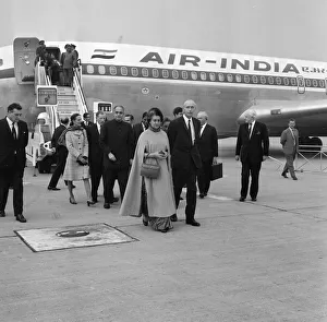 Hand Bag Prints: Indian Prime Minister Mrs Indira Gandhi seen here being greeted by Foreign Secretary Sir