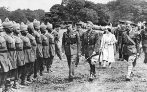 Sword Prints: Indian Troops in camp in Derbyshire. Picture shows King George VI