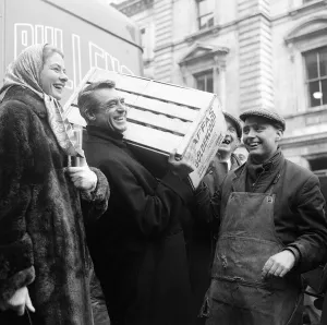 Ingrid Bergman filming in Covent Garden London with Cary Grant, December 1957