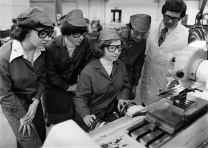 Instructor Anthony Rollins with trainees at the Lucas Industries factory in Birmingham