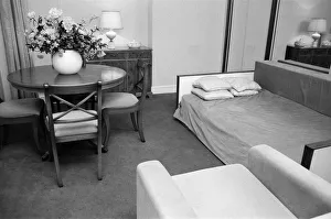 Interior view of a flat, showing the living room area and sofa bed. 29th October 1986