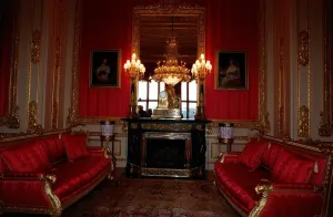 Interior view of Windsor Castle showing the Crimson Drawing Room restored after it was