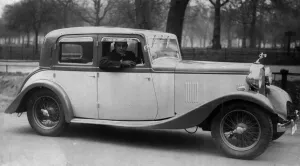 International goalkeeper Ted Hufton with the new British Salmson car. 23rd December 1933