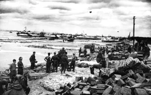 00203 Prints: Invasion of Normandy 1944 British and Commonwealth troops stand amongst