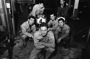 Isle of Man TT Races 1967. Honda Team mechanics, led by Nobby Clark