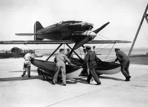 Early Prints: The Italian Macchi M52 plane brought in by the advance guard after the Scheider Trophy