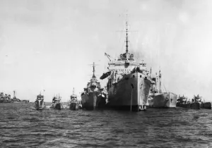 Armistice Prints: The Italian seaplane carrier Giuseppe Miraglia and submarines lying at anchor in St