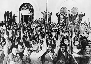 Italy Prints: Italian soldiers outside headquarters in Southern Italy cheer the declaration of war