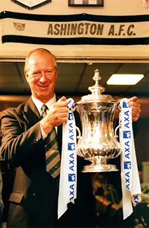 Trophies Prints: Jack Charlton at Ashington Football Club with the AXA FA Cup in September 1998