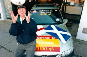 Jack Charlton with the Euro 96 car at Bristol Street Motors in February 1996