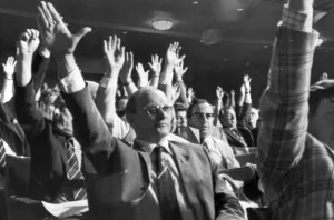 Industrial Relations Prints: Jack Jones chairman of the TGWU union seen here voting at the 107th Annual Trades Union