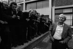 00130 Prints: Jack Nicklaus golfer 1974 at golf clinic hands in pocket men leaning on rail