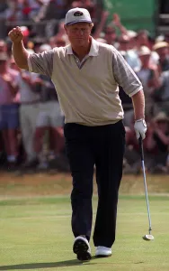 Jack Nicklaus Golfer celebrates after putting a birdie on the 13th during the second