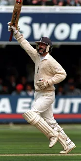 00120 Prints: Jack Russell of England celebrates his century in the Second Test Match against India
