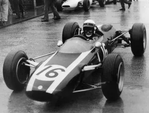 Motor Sport Prints: Jackie Stewart, Cooper B. R. M leaving the pits during a practice race at Silverstone