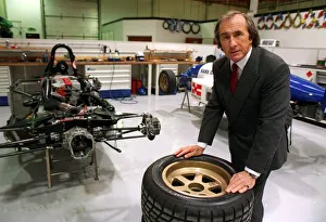 Jackie Stewart in the Paul Stewart Racing workshop at Milton Keynes