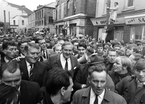 00156 Prints: James Callaghan Aug 1969 is mobbed by a crowd as he re-entres Bogside Londondery