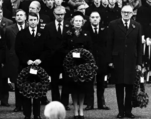 James Callaghan with Dr David Steel and Margaret Thatcher all holding wreaths during