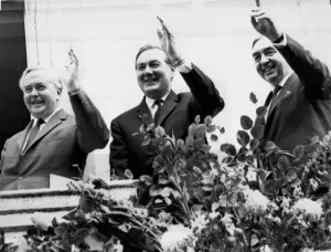 James Callaghan with Harold Wilson and George Brown at the Durham Miners Gala - July 1967