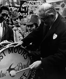 Drum Prints: James Callaghan Labour MP bangs the drum of 14 year old Drummer Clive Fairclough 1974