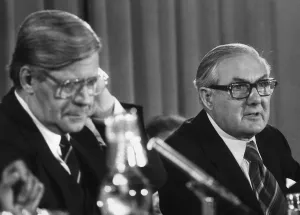European Union Prints: James Callaghan MP Labour Prime Minister with German Chancellor Herr Helmut Schmidt at a