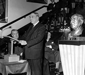 Minister Prints: James Griffiths, MP for Llanelli speaks in the shadow of his own image at Parc Howard