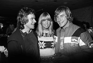 Rider Prints: James Hunt with Barry Sheene & his girlfriend 1976 Stephanie McLean at Brands hatch for