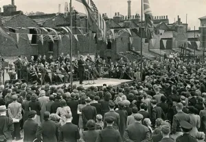00190 Prints: Jan Masaryk speaking at a bomb site in Bermondsey South London on the first anniversary