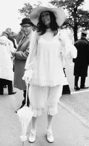 Janette Fraser in knickerbocker suit at Royal Ascot in June 1971 with parasol