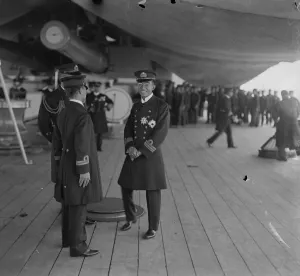 Japanese Crown Prince Hirohito pictured on board the warship Kotosi at Spithead during