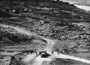 Terrain Prints: Japanese troops flee for safety during an American air attack on Iwo Jima during Second