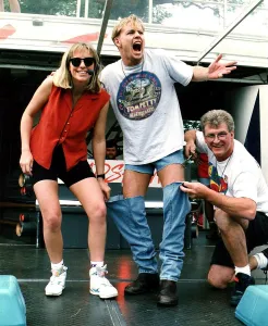 Jason Donovan Balloch Park Radio 1 roadshow having his jeans cut off by Smiley