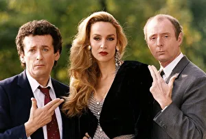 Jasper Carrott with Jerry Hall and Robert Powell in the comedy series