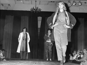 Fashion Shows Prints: A jaunty look for Joanne Miller modelling corduroy trousers