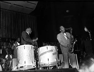 Musicians Prints: Jazz musicians Lionel Hampton and Eddie Chamblee at the Colston Hall in 1956