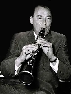 Clarinet Prints: Jazz performer and band leader Woody Herman at a press reception at the Marquee Club