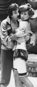 Jenny Agutter wearing corset and underwear with Frank Grimes promoting the production of