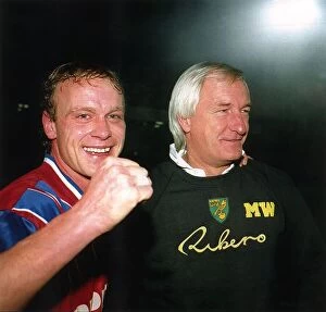 Images Dated 20th October 1993: Jeremy Goss Norwich City footballer celebrates with manager Mike Walker after beating