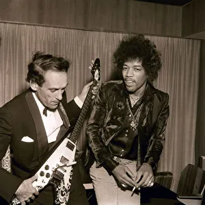 Jeremy Thorpe with Jimi Hendrix after concert by The Jimi Hendrix Experience at the Royal