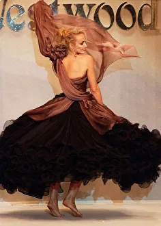 Jerry Hall wife of singer Mick Jagger models an outfit designed by Vivienne Westwood