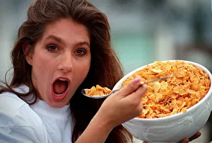 Jet from the tv programme Gladiators eating a bowl of cornflakes spoon