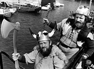 Images Dated 22nd July 1980: Jim Nicholson (left) and Magnus Simpson, dressed in Viking costume arriving at Blyth