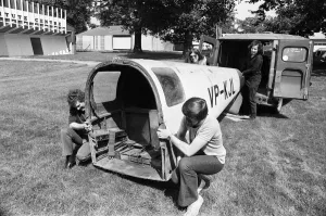 Jim Titford and Gordon Riley of the Midland Aircraft Preservation Society unload the rear