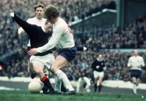 English Prints: Jimmy Johnstone of Scotland battles for control of the ball with Alan Ball of England