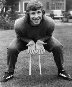 Jimmy Montgomery Sunderland goalkeeper has some fun guarding croquet hoop at Selsdon Park